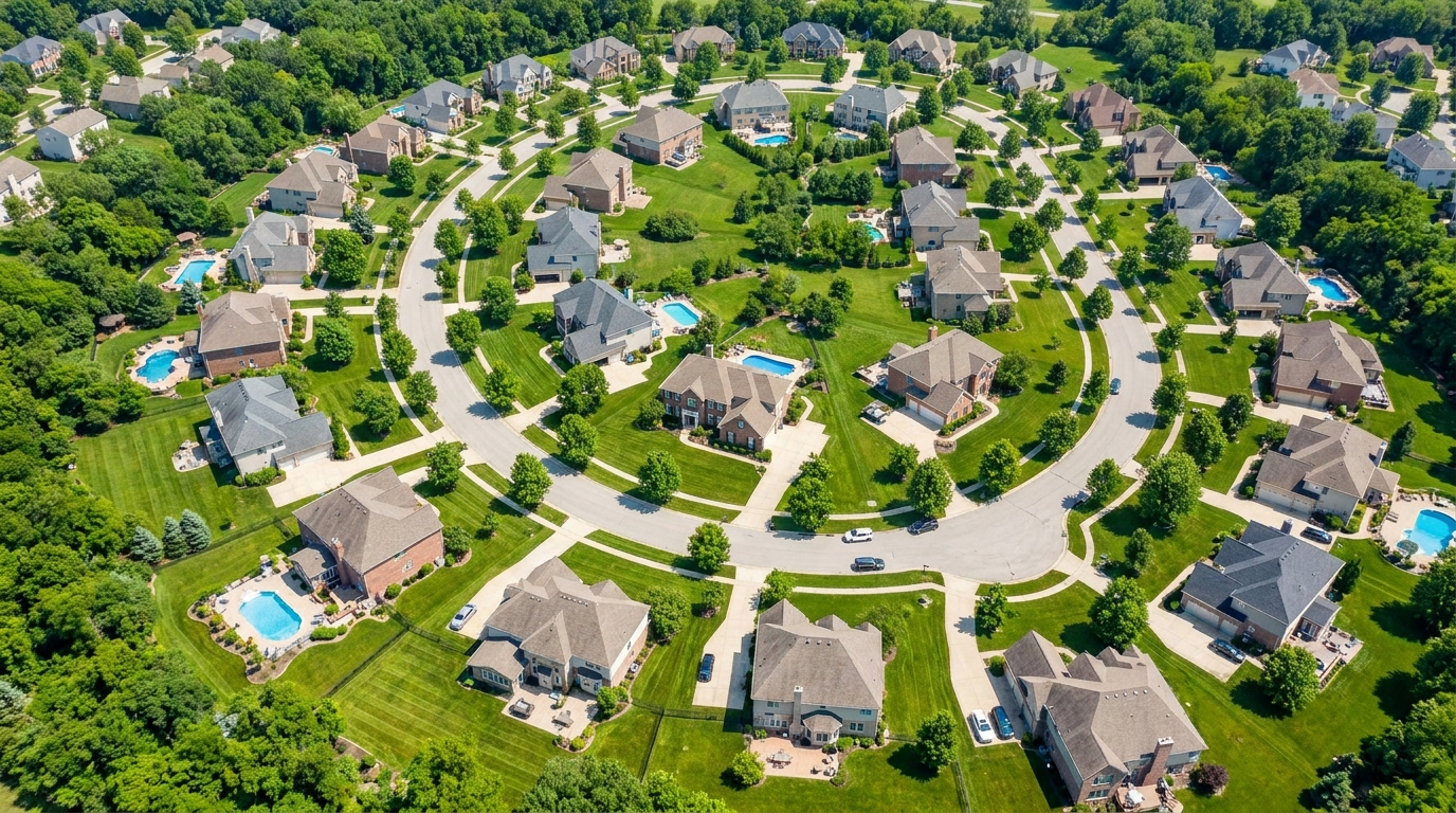 Aerial view of an above-average-income suburban neighborhood targeted for direct mail